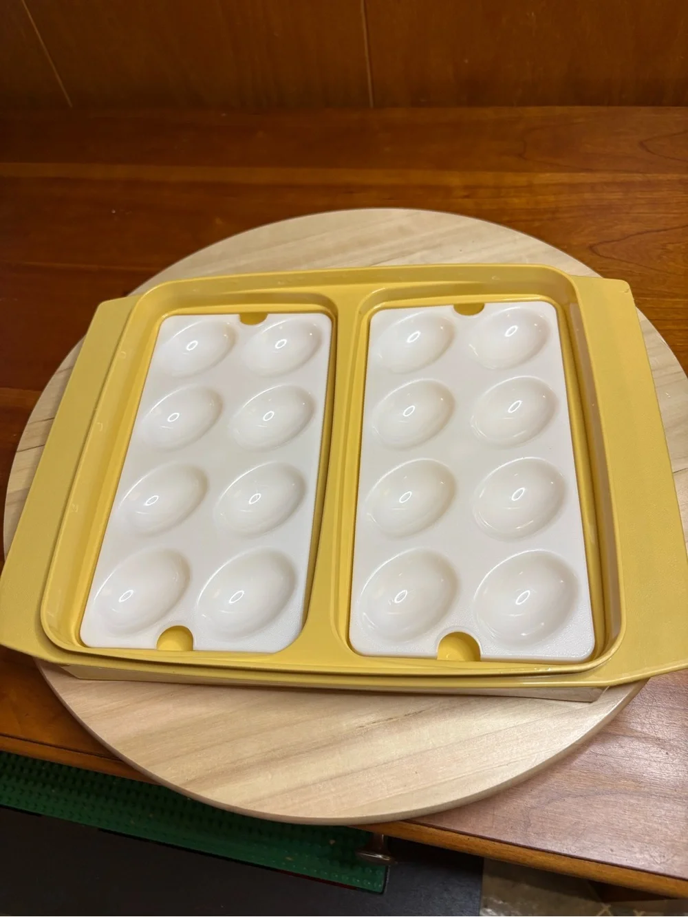 vintage Tupperware Harvest Gold deviled egg keeper and carrier set (model #723).